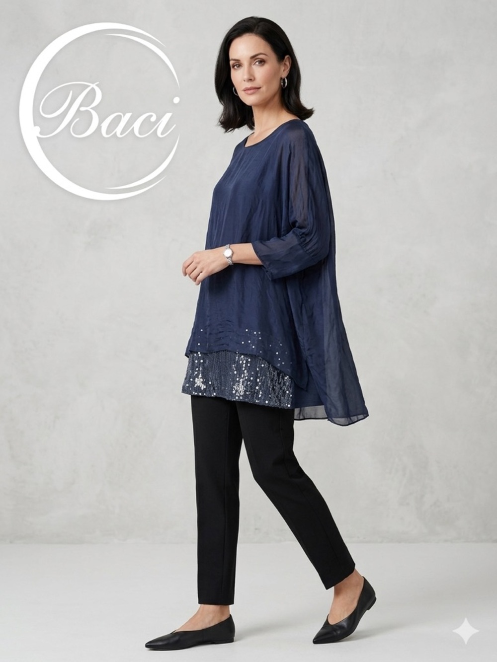 Baci Italian Silk Blend Sequin Tunic Top | Navy Blue Flowy Layered Blouse